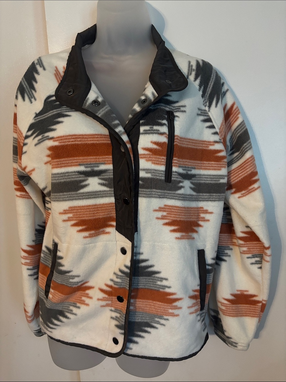 Aztec Pattern Fleece Jacket in Cream, Rust & Gray